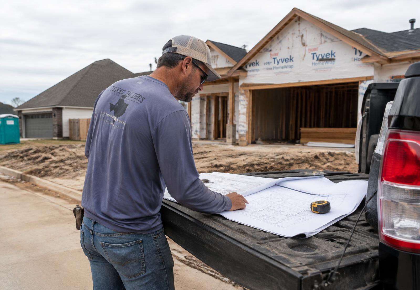Contractor reviewing plans at a Houston job site